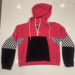 Rue 21 Neon Pink Windbreaker Hooded Jacket Size L Racing Stripes Vintage Y2K